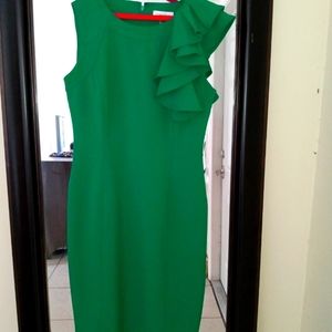 Calvin Klein green Jewel tone no sleeve ruffled shoulder party dress like new co